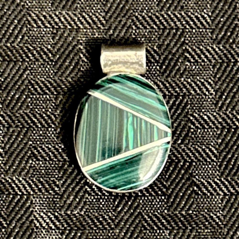 VTG Green Malachite and Sterling Silver Oval Pendant